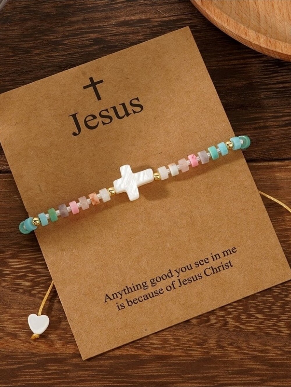 Handmade Adjustable Faith Beaded Cross Heart Bracelet in Multi Pastel Color